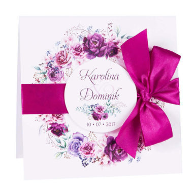 zaproszenie ślubne z fuksjową wstążką