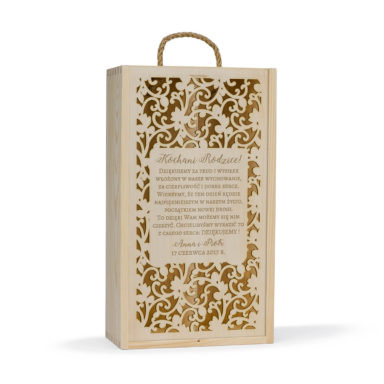 skrzynka na wino motyw ażurowy wycinany grawer podziękowanie dla rodziców