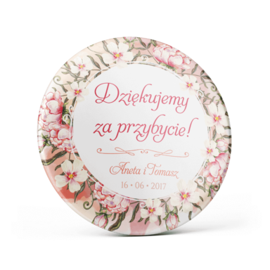 Metalowa przypinka oznaczenie podziękowanie dla gości z agrafką modny wzór kwiatowy