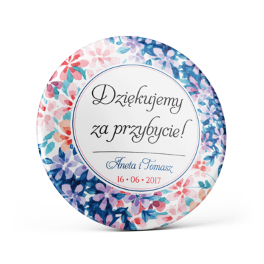 Metalowa przypinka oznaczenie podziękowanie dla gości z agrafką modny wzór kwiatowy