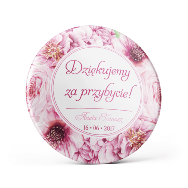 Metalowa przypinka oznaczenie podziękowanie dla gości z agrafką modny wzór kwiatowy