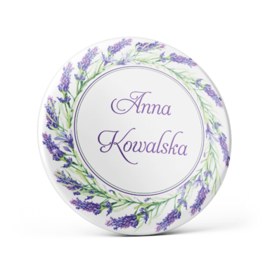 Metalowa przypinka oznaczenie podziękowanie dla gości z agrafką modny wzór kwiatowy lawenda