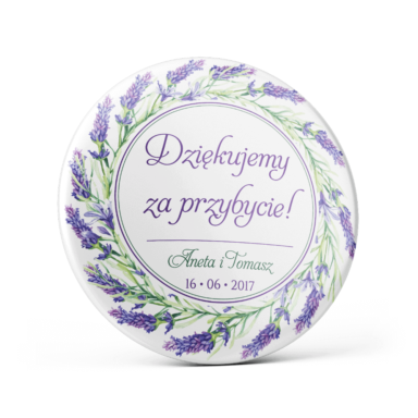 Metalowa przypinka oznaczenie podziękowanie dla gości z agrafką modny wzór kwiatowy lawenda