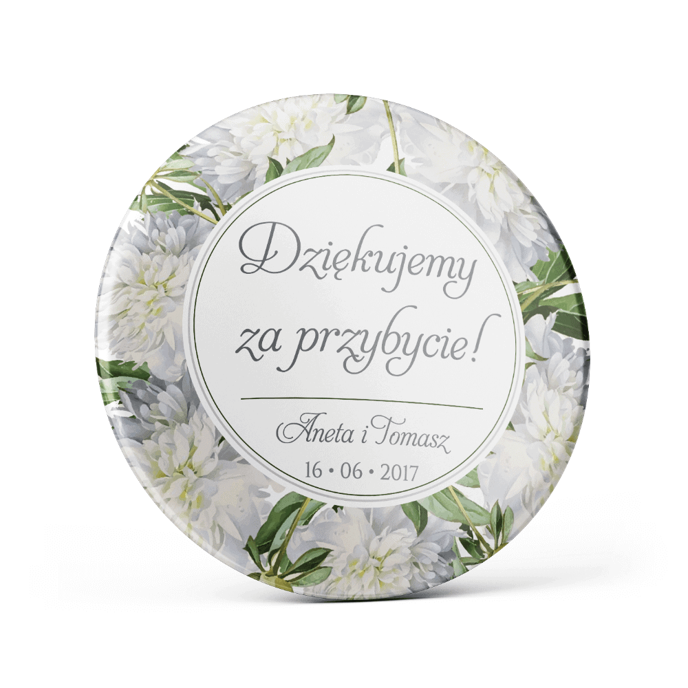 Metalowa przypinka oznaczenie podziękowanie dla gości z agrafką modny wzór kwiatowy białe piwonie
