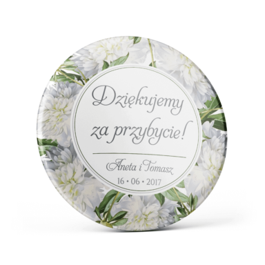 Metalowa przypinka oznaczenie podziękowanie dla gości z agrafką modny wzór kwiatowy białe piwonie