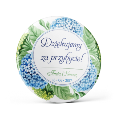 Metalowa przypinka oznaczenie podziękowanie dla gości z agrafką modny wzór kwiatowy hortensja
