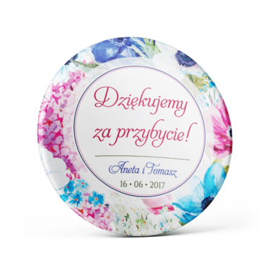 Metalowa przypinka oznaczenie podziękowanie dla gości z agrafką modny wzór kwiatowy