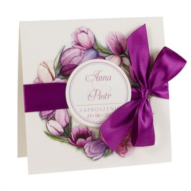 Modne kolorowe zaproszenia ślubne kwiaty tulipany wstążka