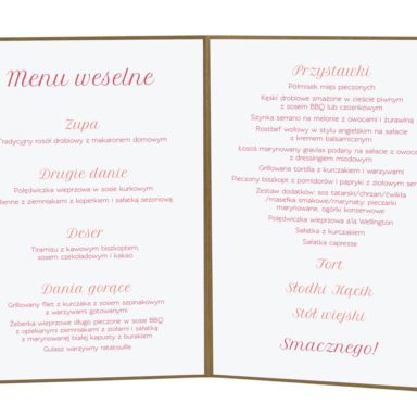 Menu weselne spis dań na stół kwiaty