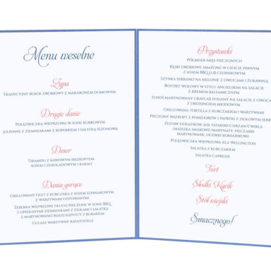 Menu weselne spis dań na stół kwiaty