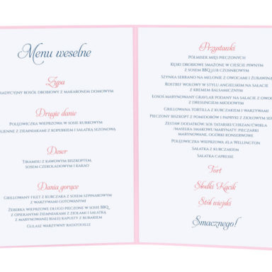 Menu weselne spis dań na stół kwiaty