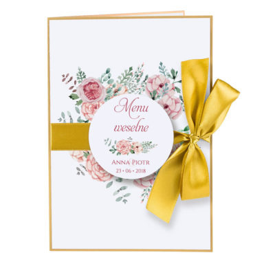 Menu weselne spis dań na stół kwiaty