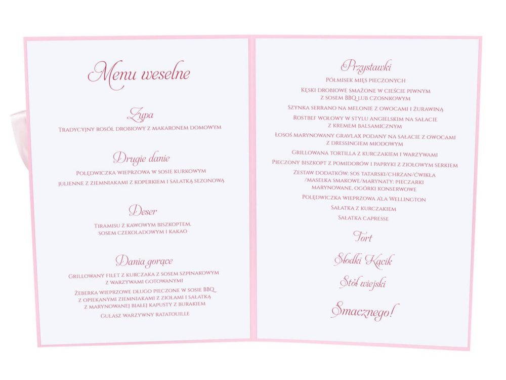 Menu weselne spis dań na stół kwiaty