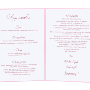 Menu weselne spis dań na stół kwiaty