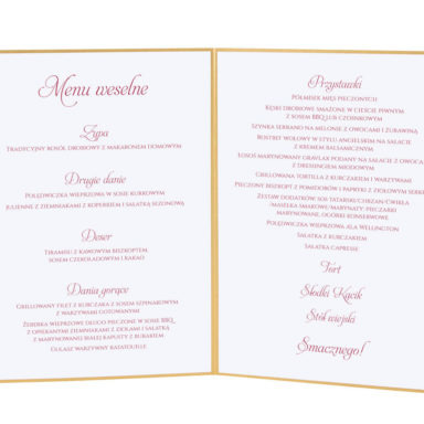 Menu weselne spis dań na stół kwiaty
