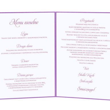 Menu weselne spis dań na stół kwiaty