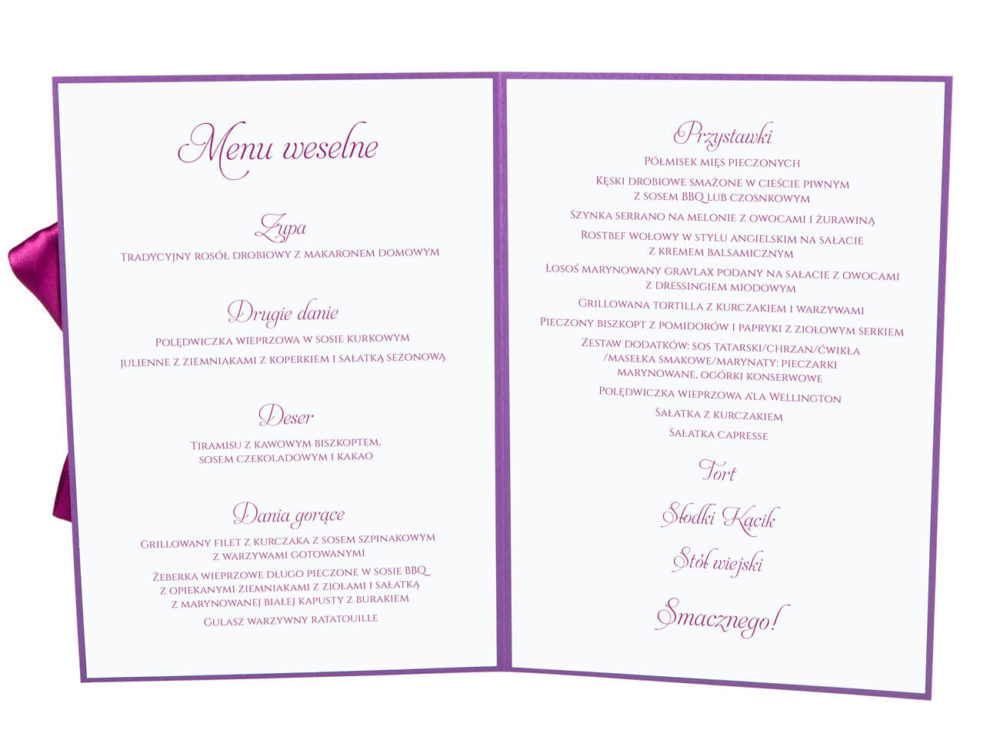Menu weselne spis dań na stół kwiaty