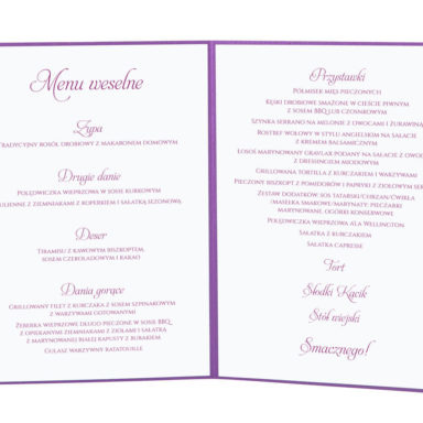 Menu weselne spis dań na stół kwiaty