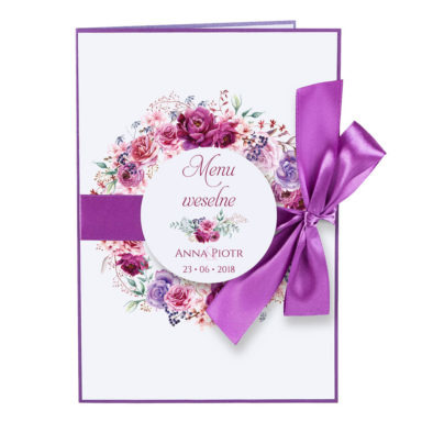 Menu weselne spis dań na stół kwiaty