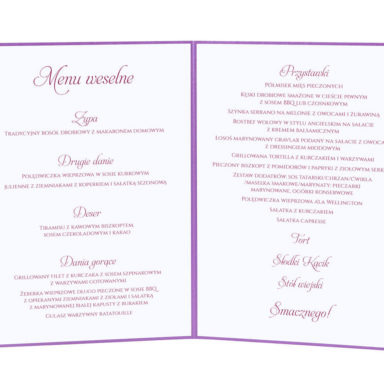 Menu weselne spis dań na stół kwiaty