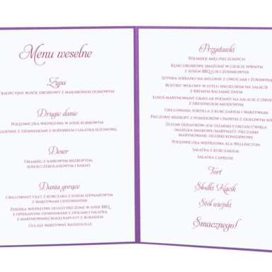Menu weselne spis dań na stół kwiaty