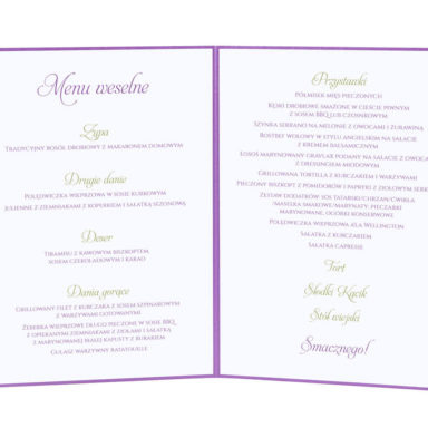 Menu weselne spis dań na stół kwiaty