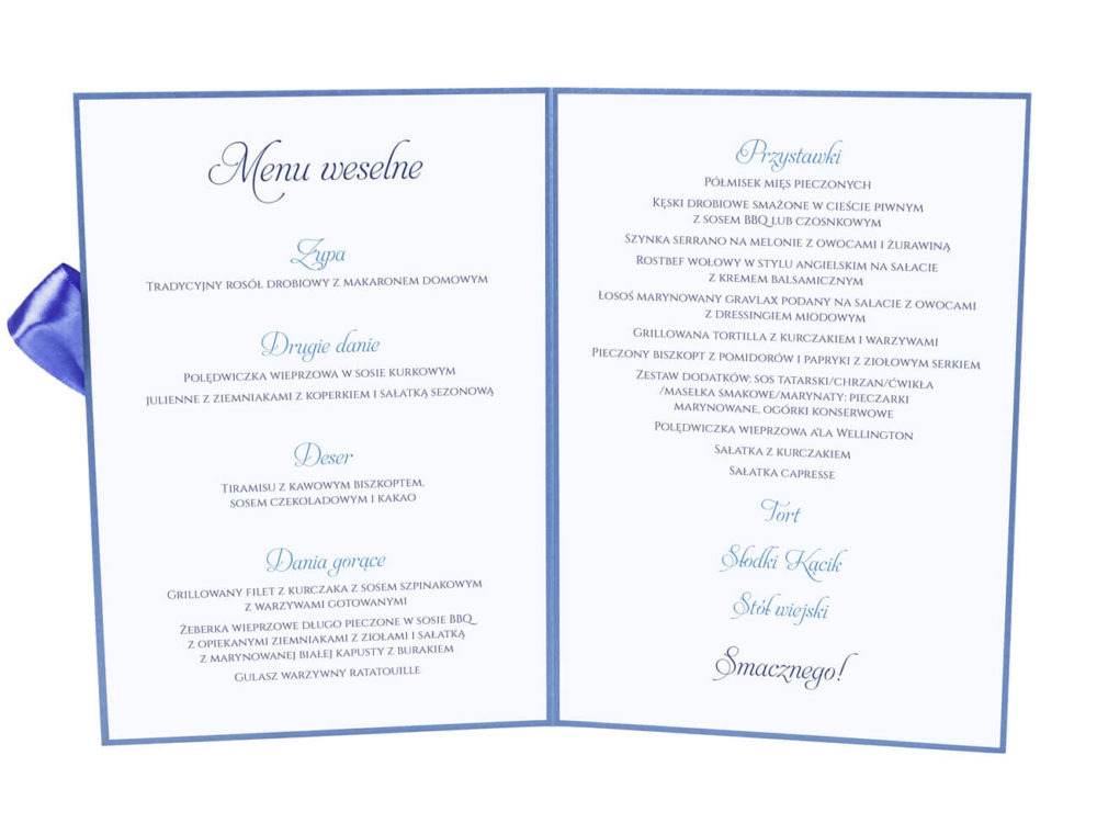 Menu weselne spis dań na stół kwiaty