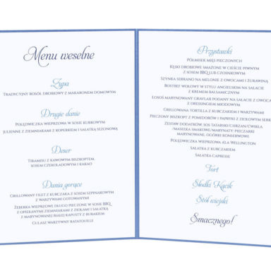 Menu weselne spis dań na stół kwiaty