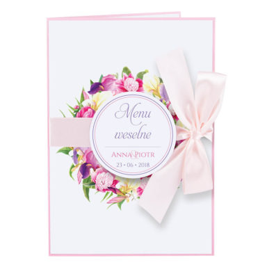 Menu weselne spis dań na stół kwiaty