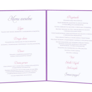 Menu weselne spis dań na stół kwiaty
