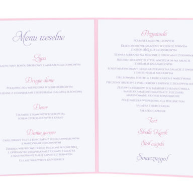 Menu weselne spis dań na stół kwiaty