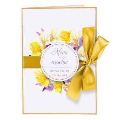 Menu weselne spis dań na stół kwiaty