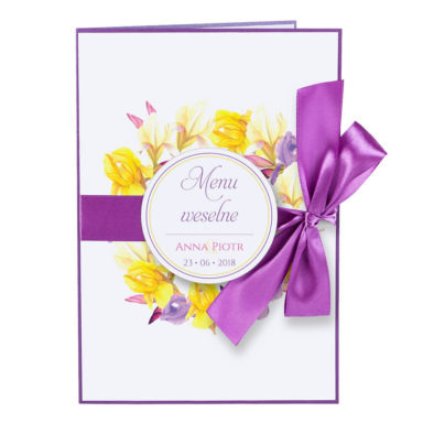 Menu weselne spis dań na stół kwiaty