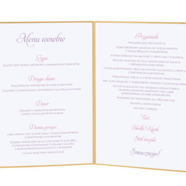 Menu weselne spis dań na stół kwiaty