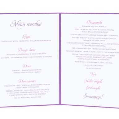 Menu weselne spis dań na stół kwiaty