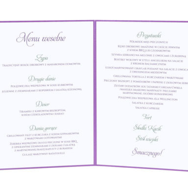 Menu weselne spis dań na stół kwiaty