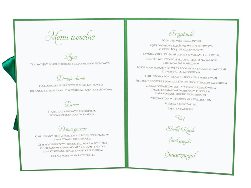 Menu weselne spis dań na stół kwiaty