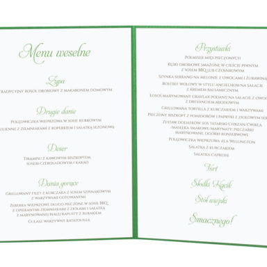Menu weselne spis dań na stół kwiaty