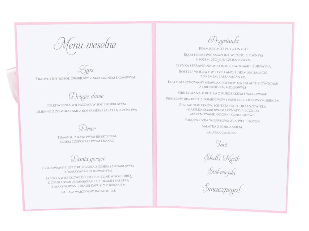 Menu weselne spis dań na stół kwiaty