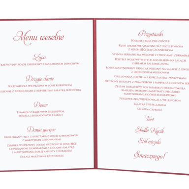 Menu weselne spis dań na stół kwiaty