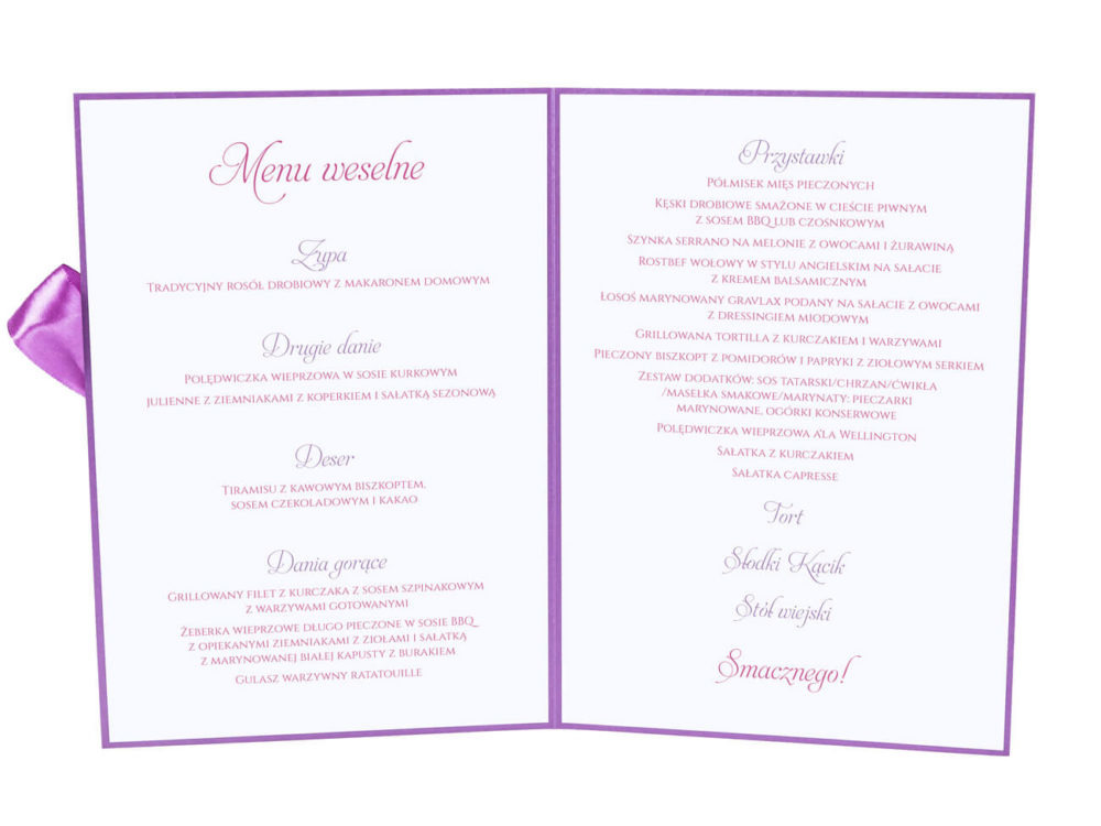 Menu weselne spis dań na stół kwiaty