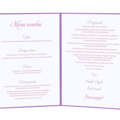 Menu weselne spis dań na stół kwiaty