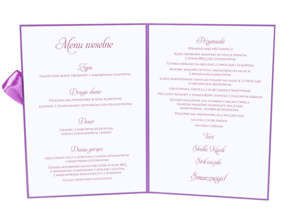 Menu weselne spis dań na stół