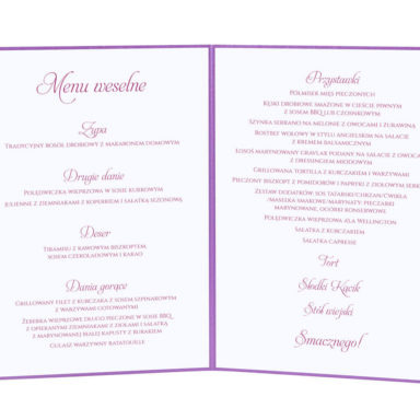 Menu weselne spis dań na stół