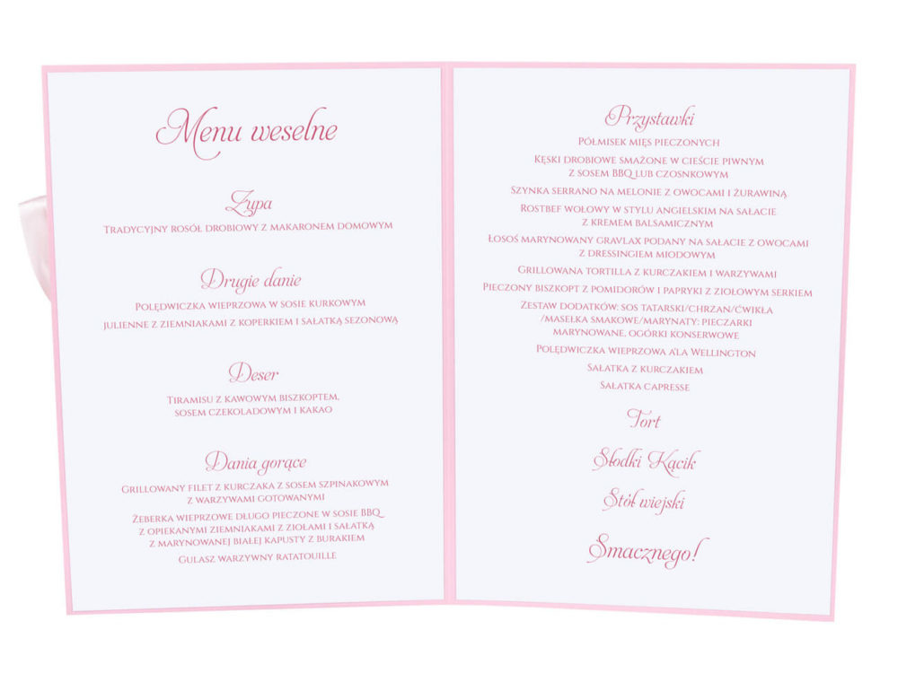 Menu weselne spis dań na stół kwiaty