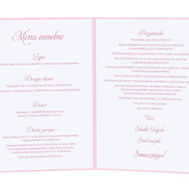 Menu weselne spis dań na stół kwiaty