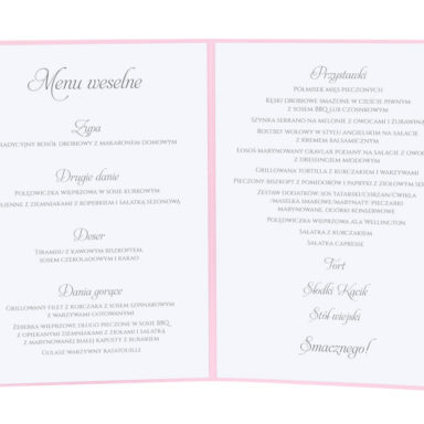 Menu weselne spis dań na stół kwiaty