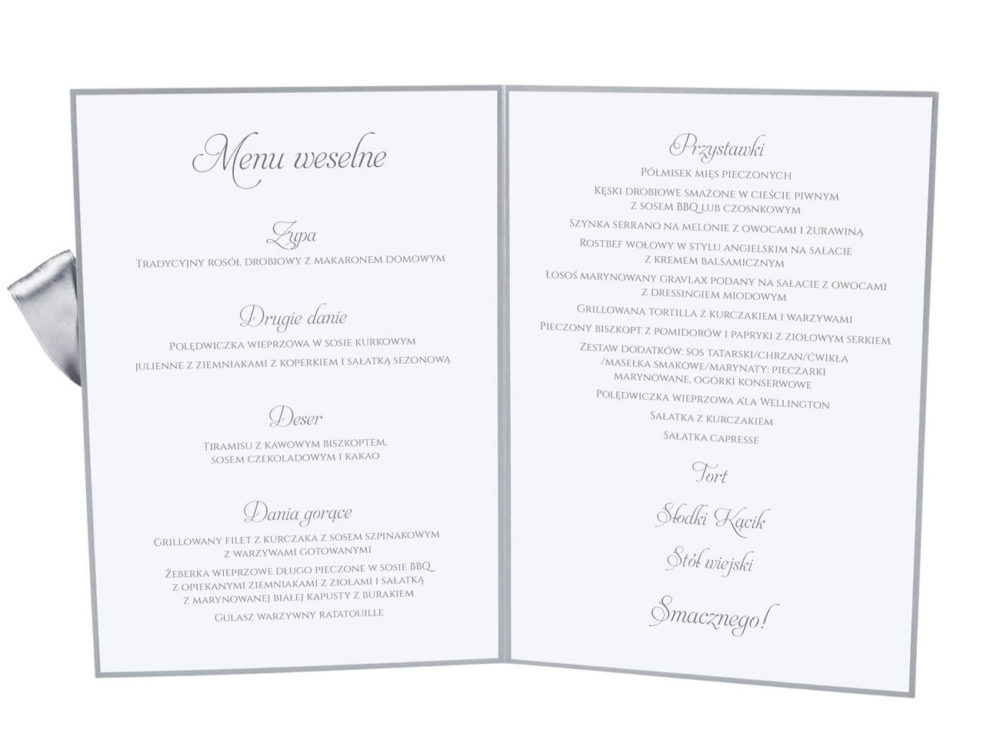 Menu weselne spis dań na stół kwiaty