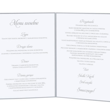 Menu weselne spis dań na stół kwiaty