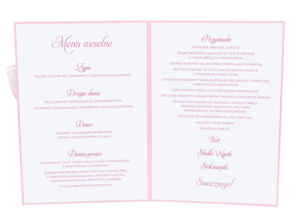 Menu weselne spis dań na stół kwiaty
